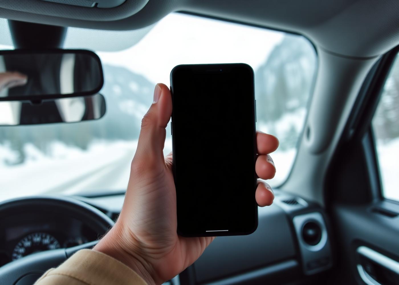 Hands holding a phone with a blank screen inside a truck cab on a snowy mountain road