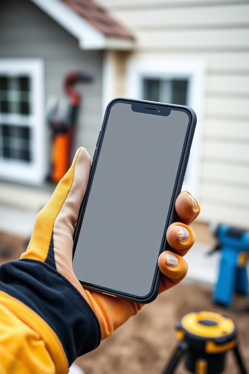 Contractor checking a smartphone screen while standing at a residential job site