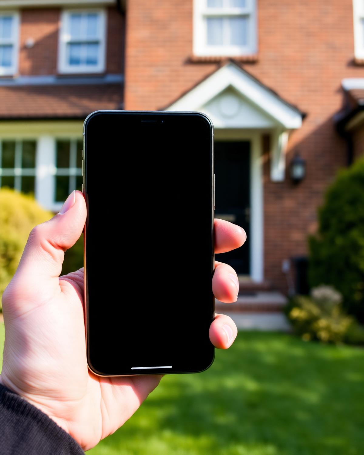 Hand holding a phone showing a blank light screen in front of a residential work site
