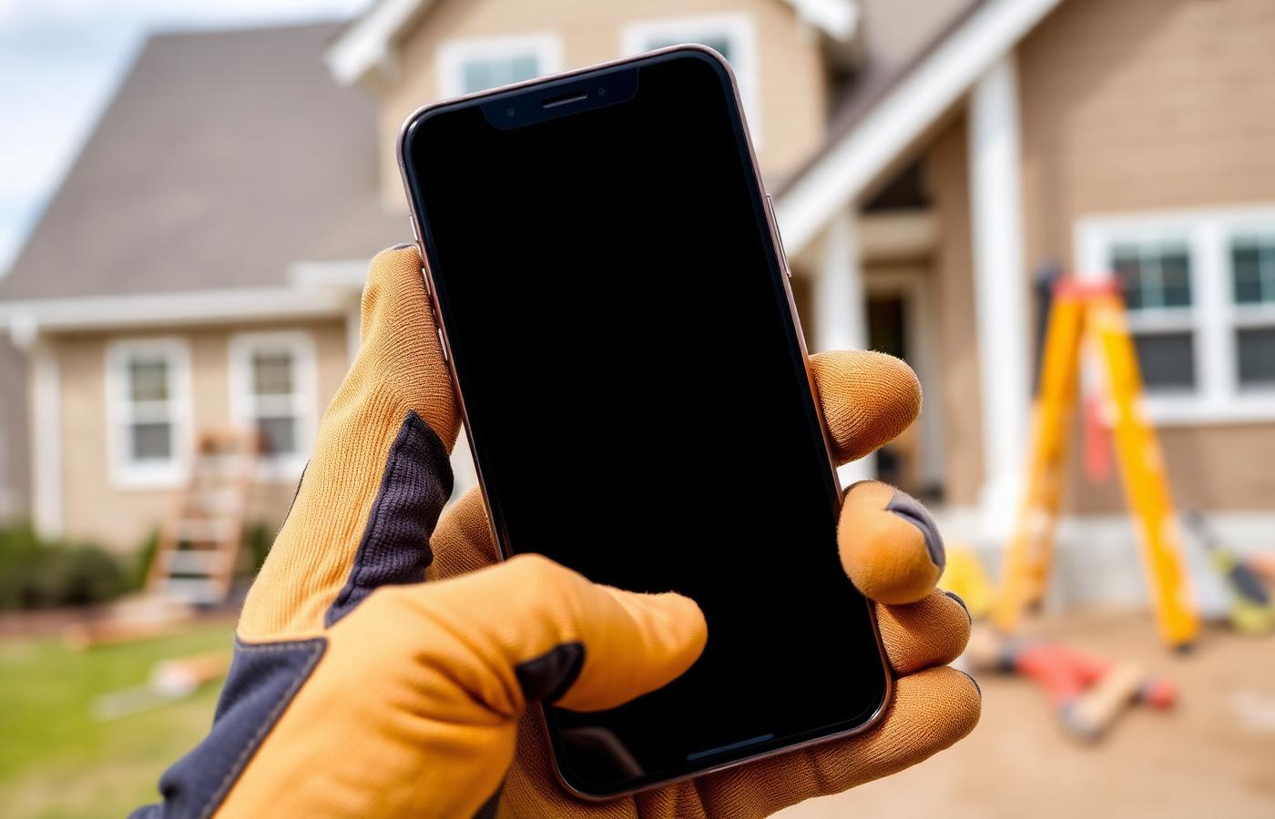 Contractor checking a smartphone screen while standing at a residential job site