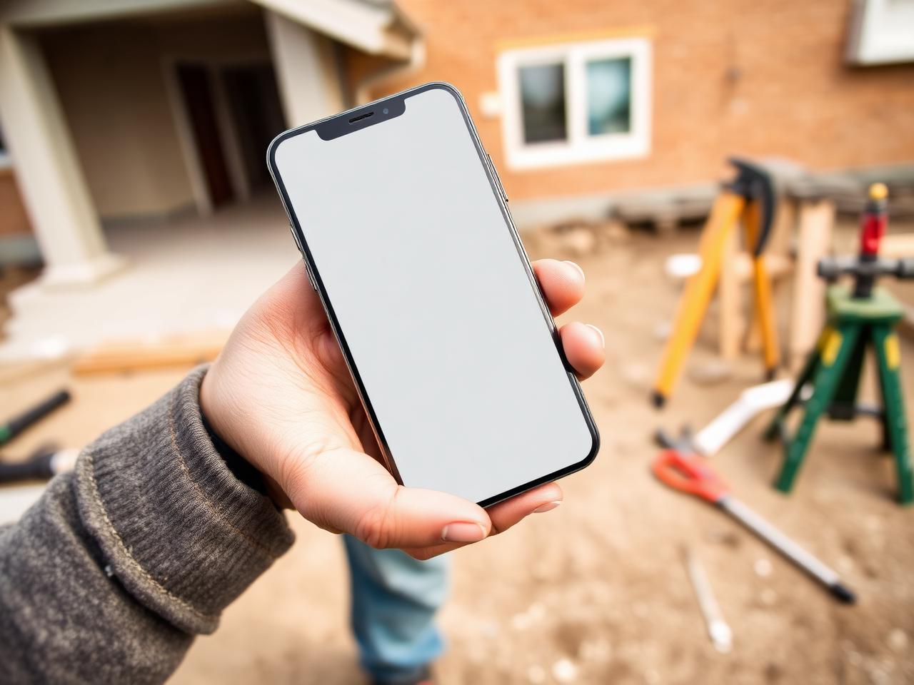 Contractor checking a smartphone with weak signal bars at a job site on a rural road near Fresno