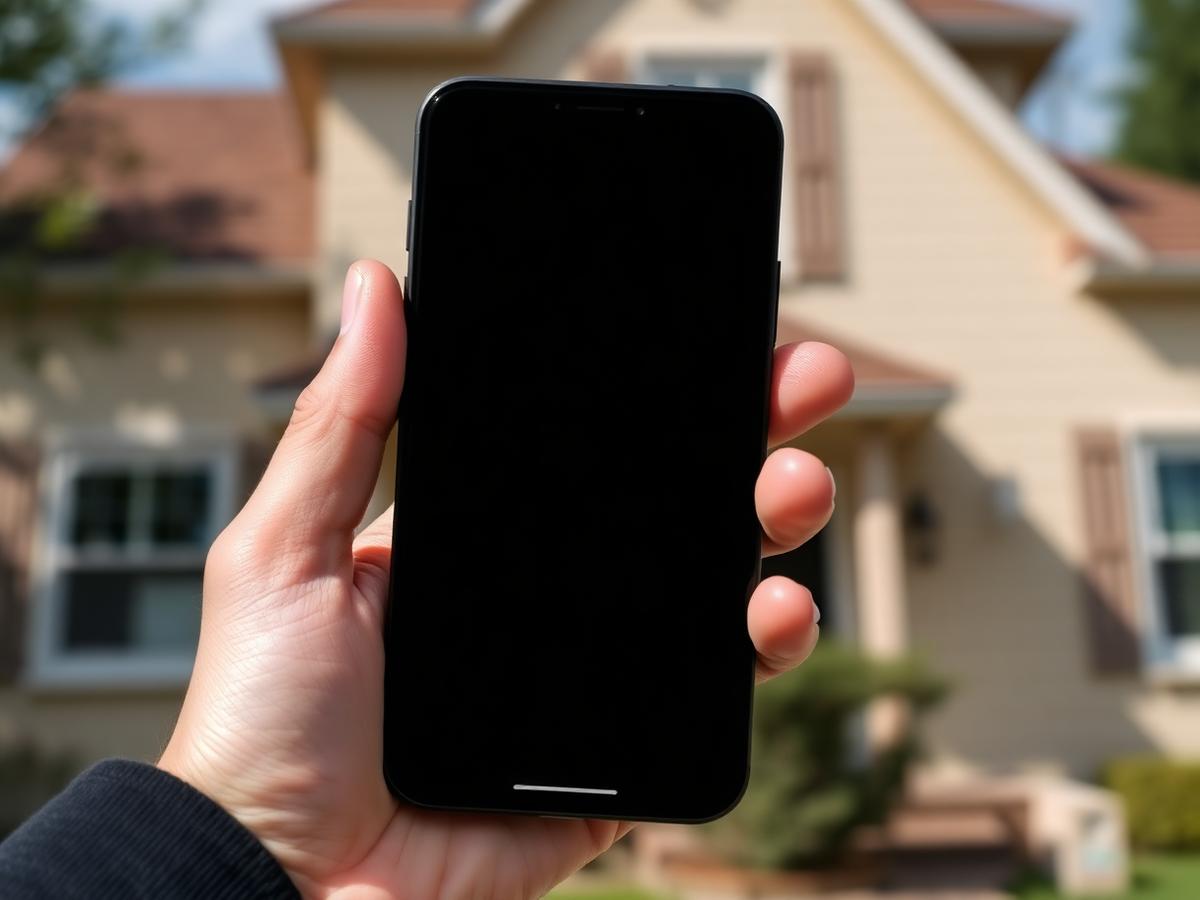 Hand holding a smartphone with a blank screen in front of an older residential house