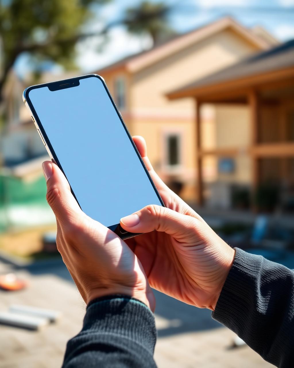 Contractor checking a smartphone with weak signal bars at a job site near a San Diego canyon in Clairemont