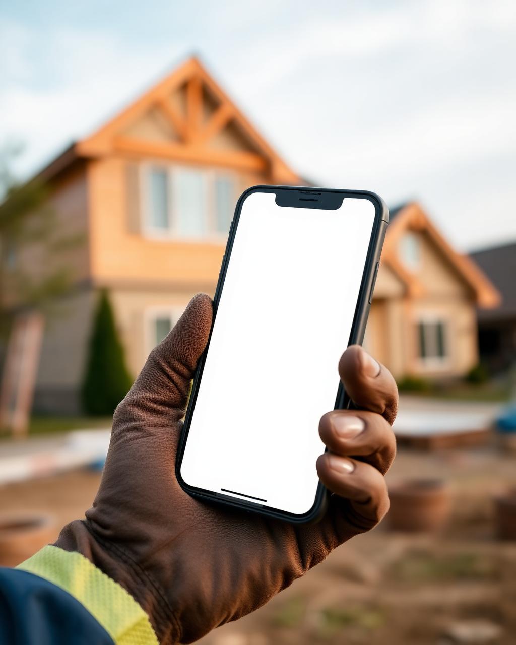 Contractor checking a smartphone screen while standing at a residential job site