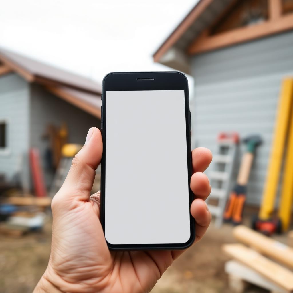 Hand holding a blank-screen smartphone at a residential jobsite with tools and lumber blurred behind