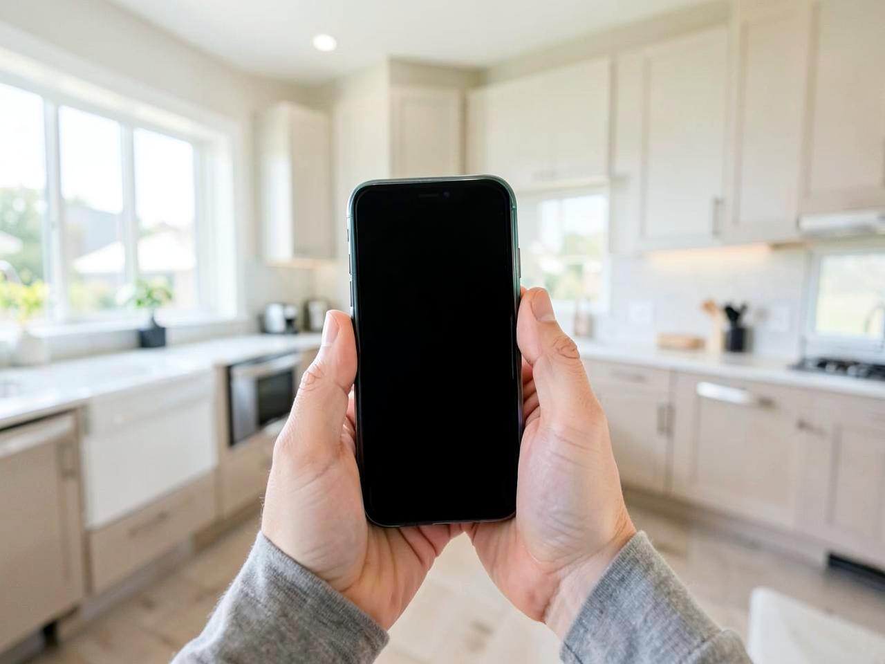 Hands holding a smartphone with a blank screen in the bright kitchen of a newer suburban home
