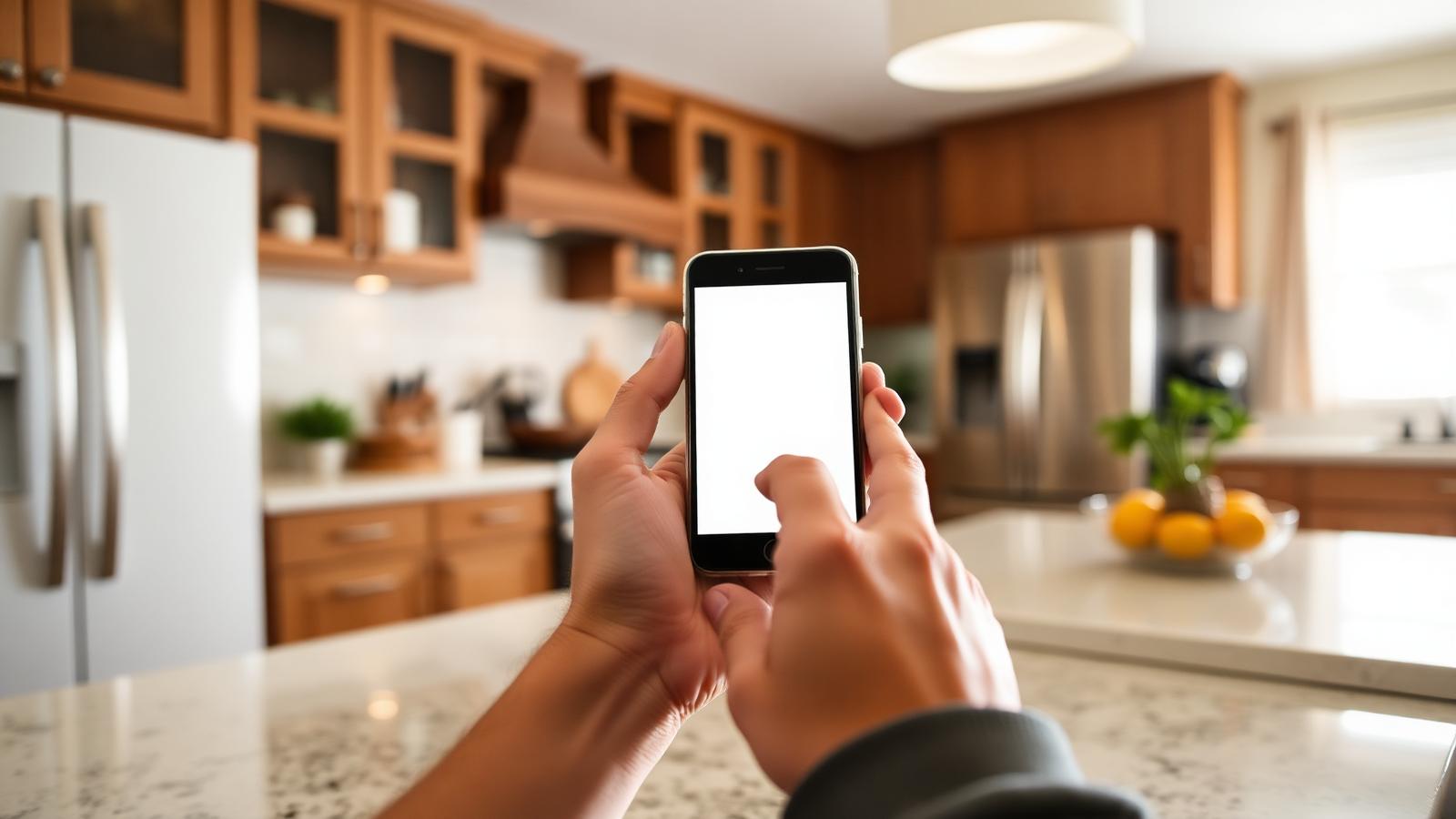 Homeowner holding a smartphone at a kitchen counter in a bright Jacksonville home