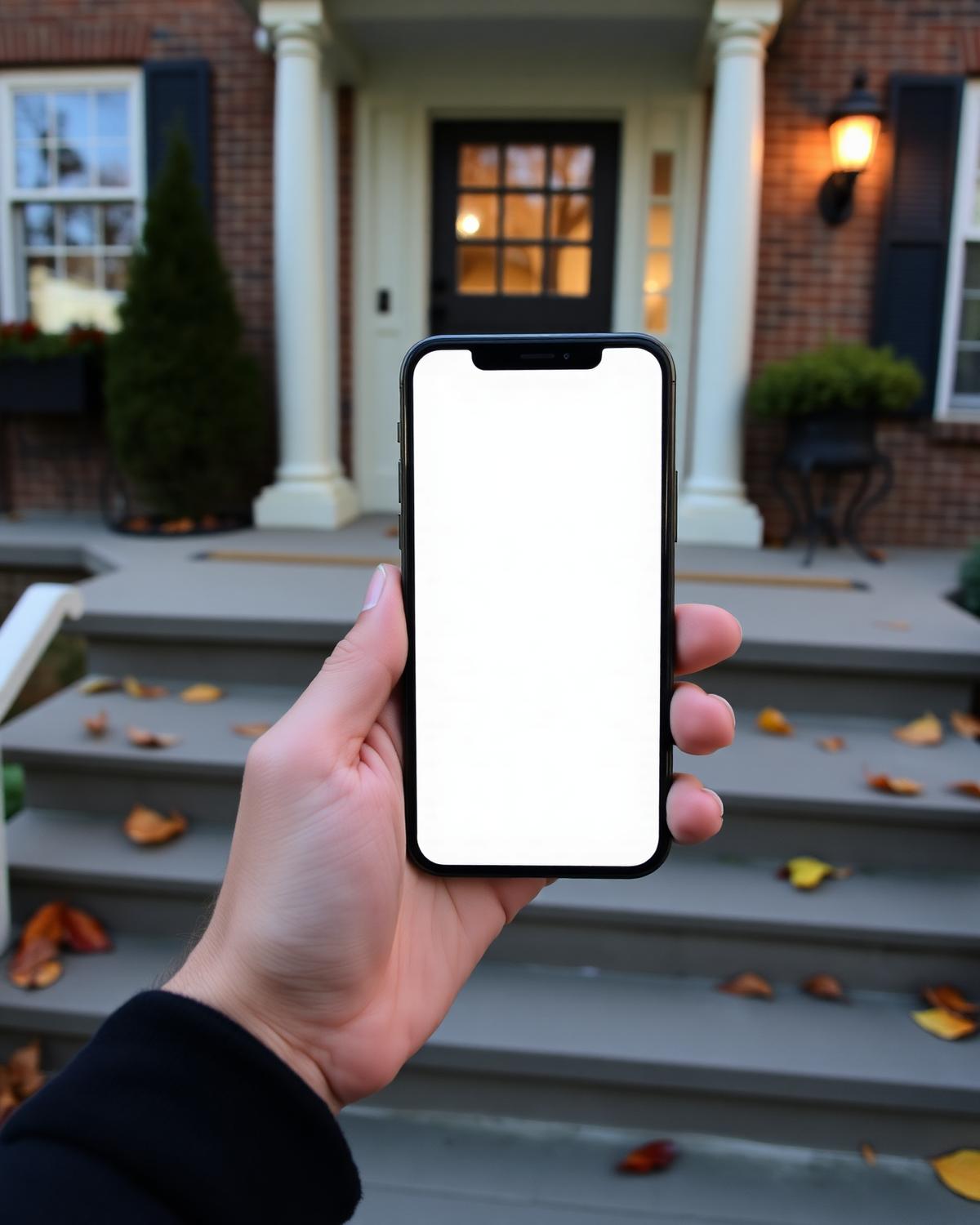 Hand holding a smartphone with a blank screen while standing on a covered front porch