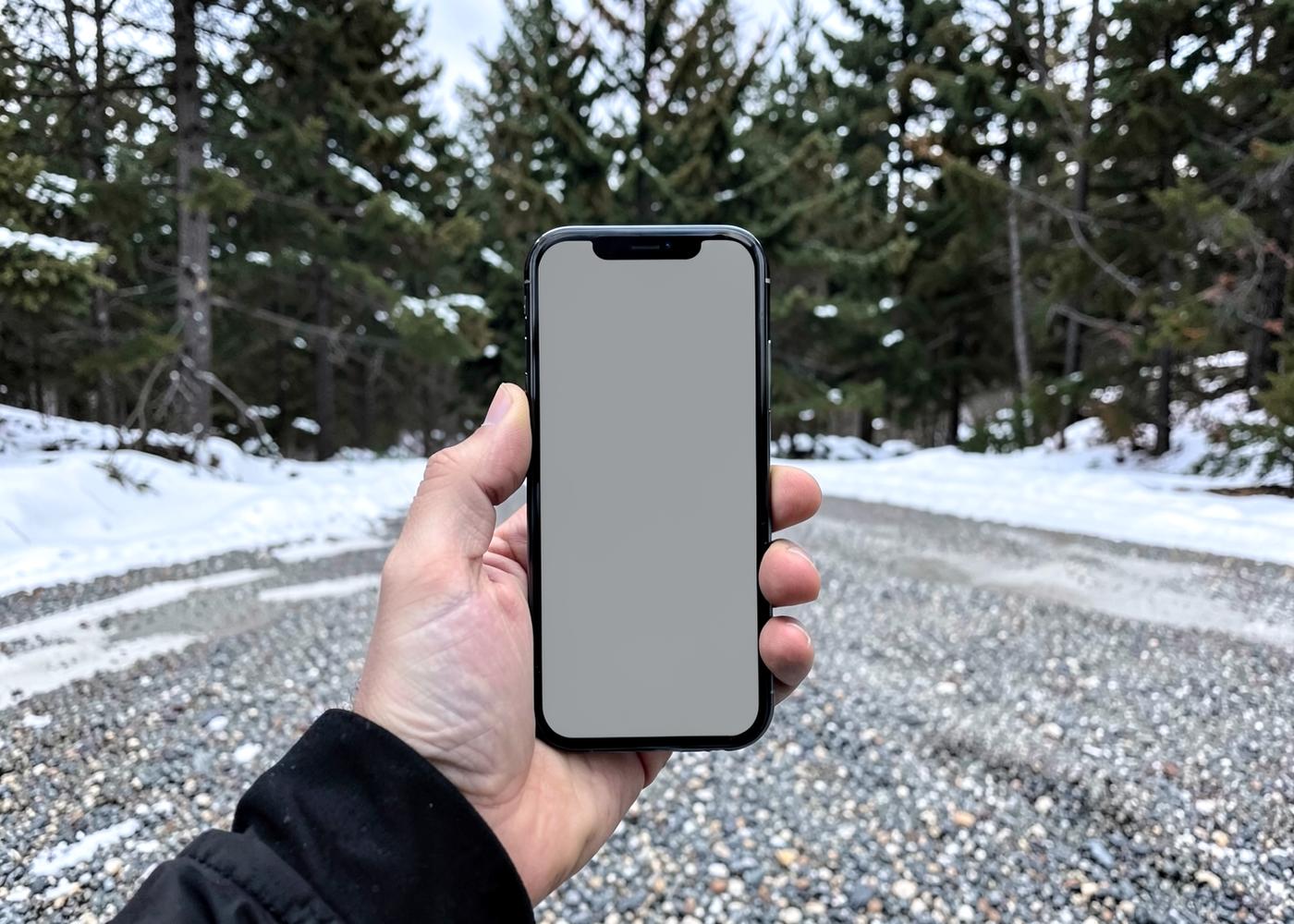 Hand holding a phone with a blank grey screen on a snowy gravel driveway with pine forest behind