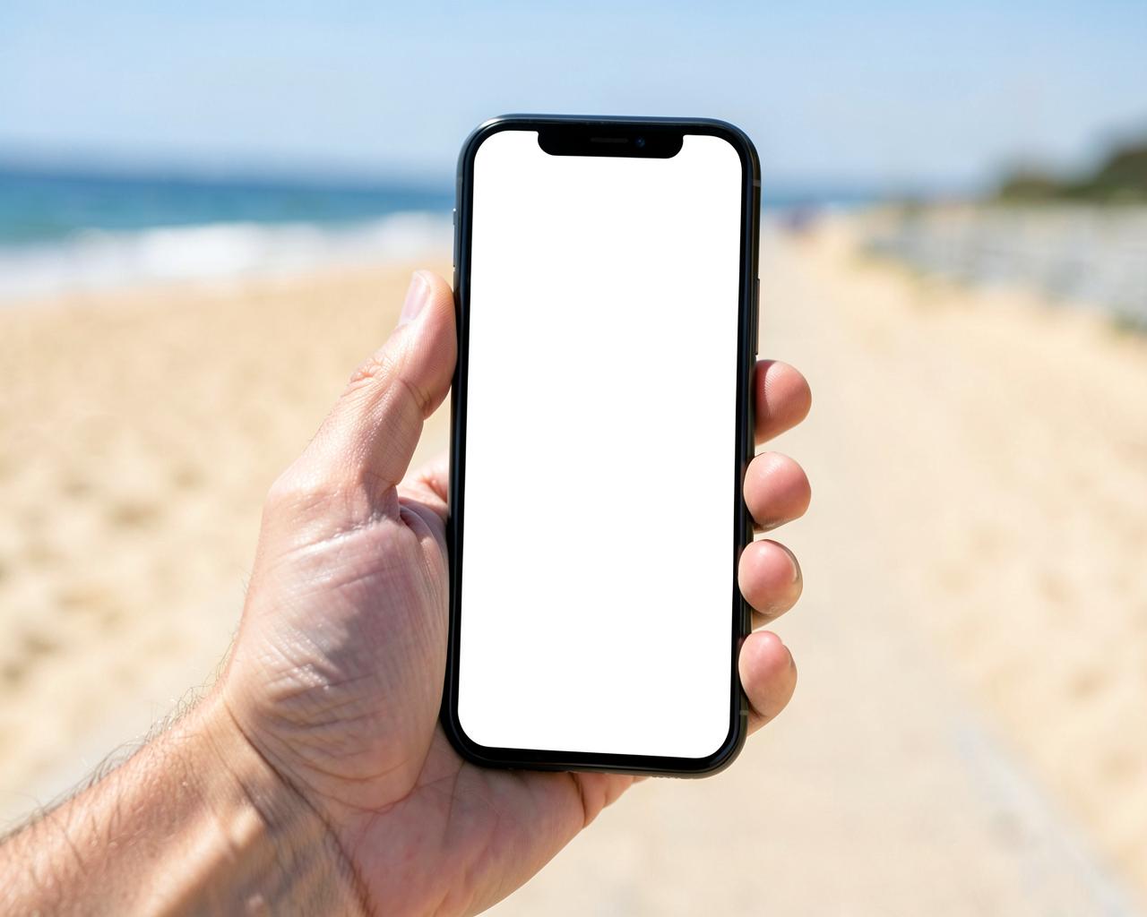 Hand holding a smartphone with a blank screen in bright sunlight on a sandy beach walkway