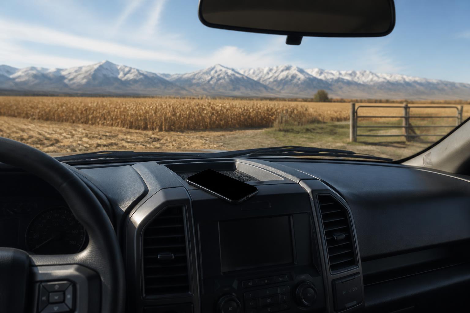 View from inside a pickup truck cab parked at a farm field, a phone with a blank black screen resting on the dash, mountains visible through the windshield