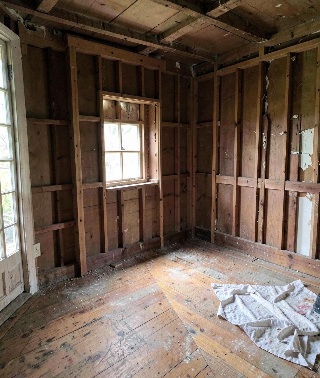 Interior of a historic house mid renovation with exposed wooden lath, heart pine floorboards and a dust sheet in window light