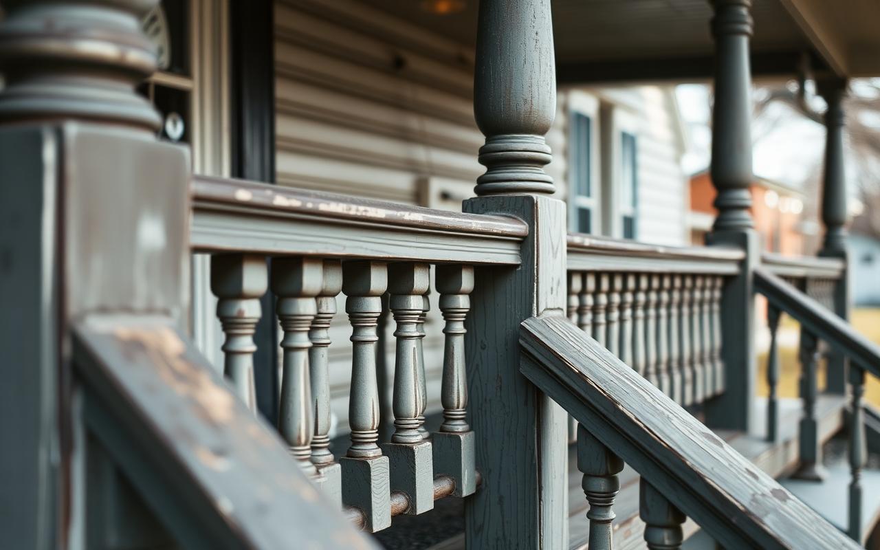 Close detail of a wooden porch with turned columns and weathered painted railings on an older house