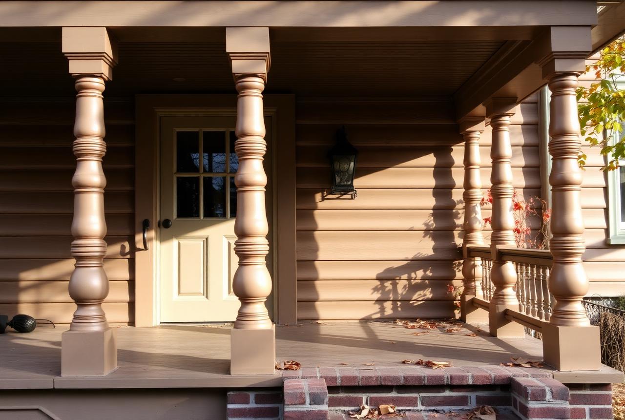 Restored wooden front porch on an early-1900s house with turned columns, painted floorboards, and brick steps