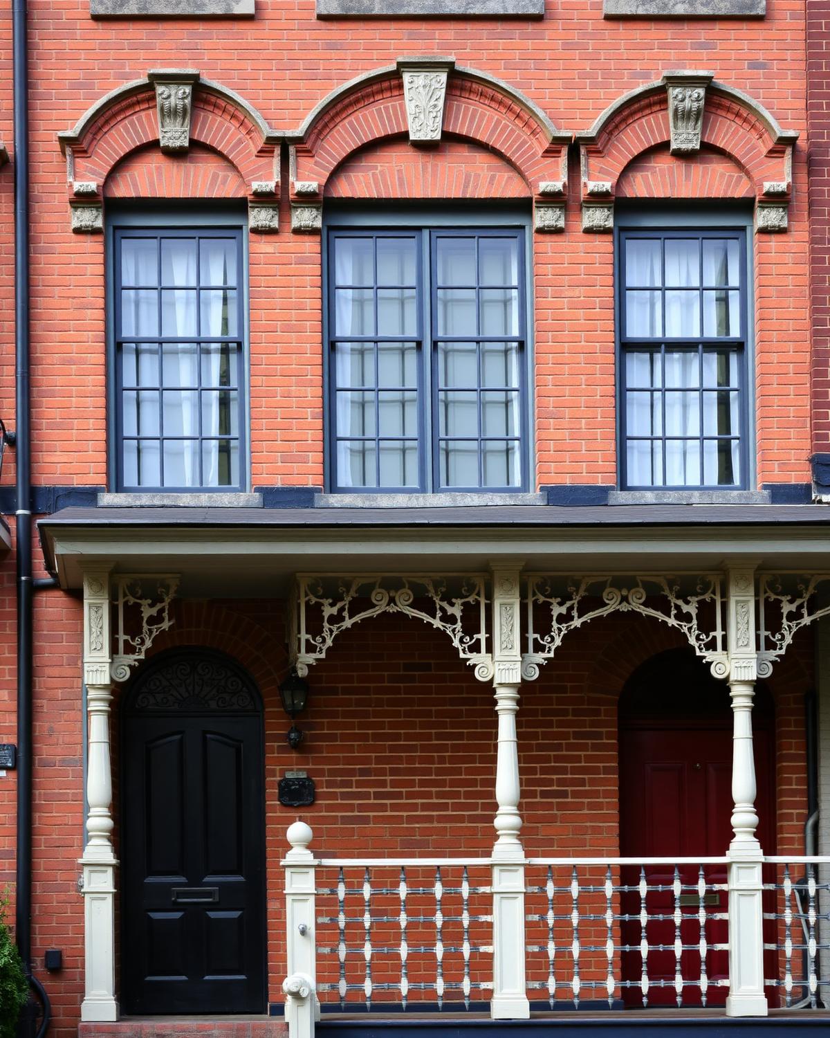 Detail of a wooden porch column, painted railing and brick facade on an older home
