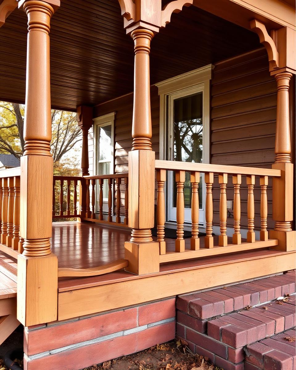 Restored wooden front porch with turned columns and painted railing on an early-1900s house