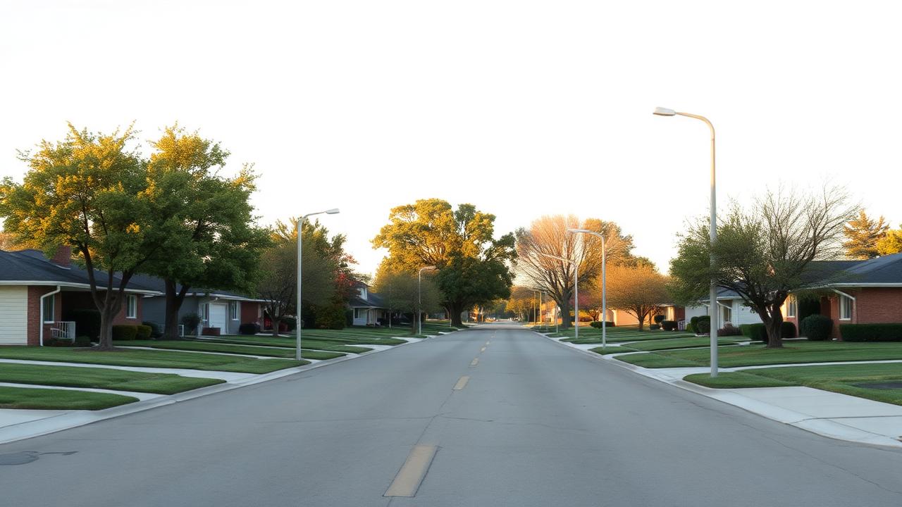 Quiet flat suburban street of 1960s ranch houses with wide driveways and mature trees