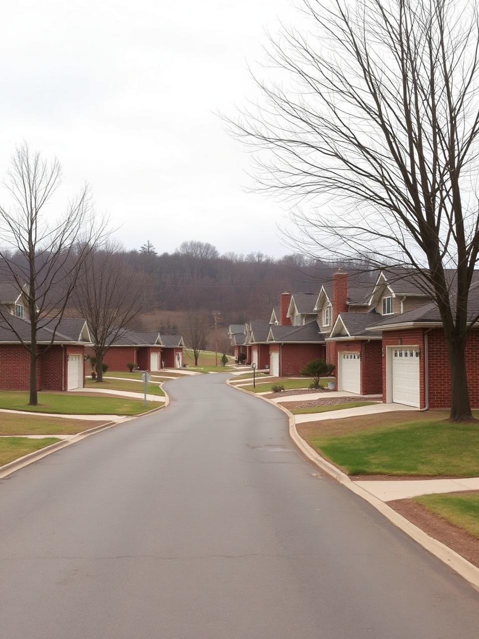 Quiet street of 1950s brick ranch houses with attached garages on gently rolling terrain under overcast light