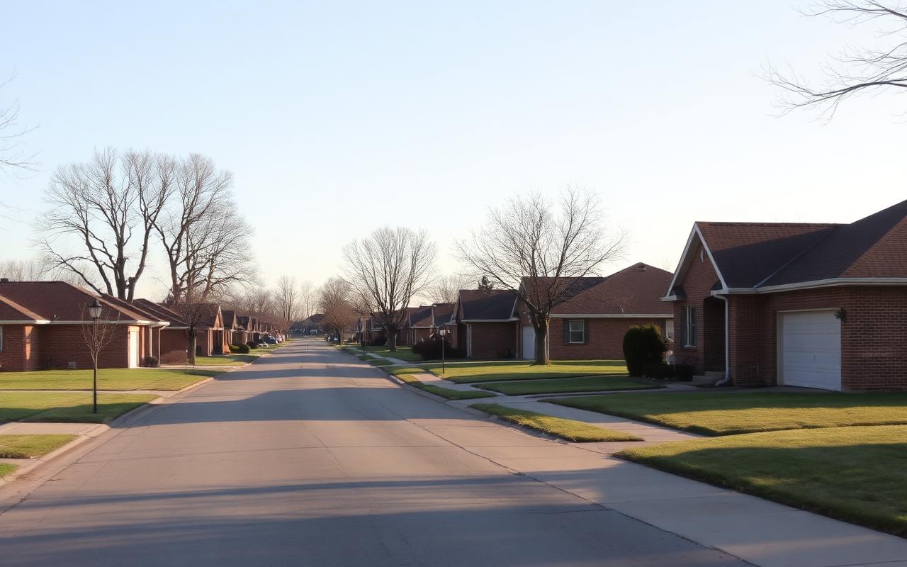 Street of tidy mid-century brick ranch houses with attached garages and flat lawns in morning light
