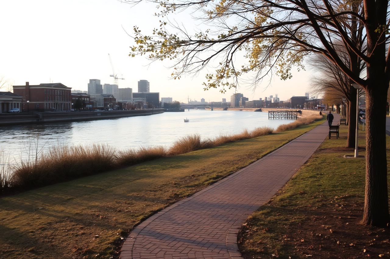 View of the Rock River with downtown Rockford buildings rising near the water's edge