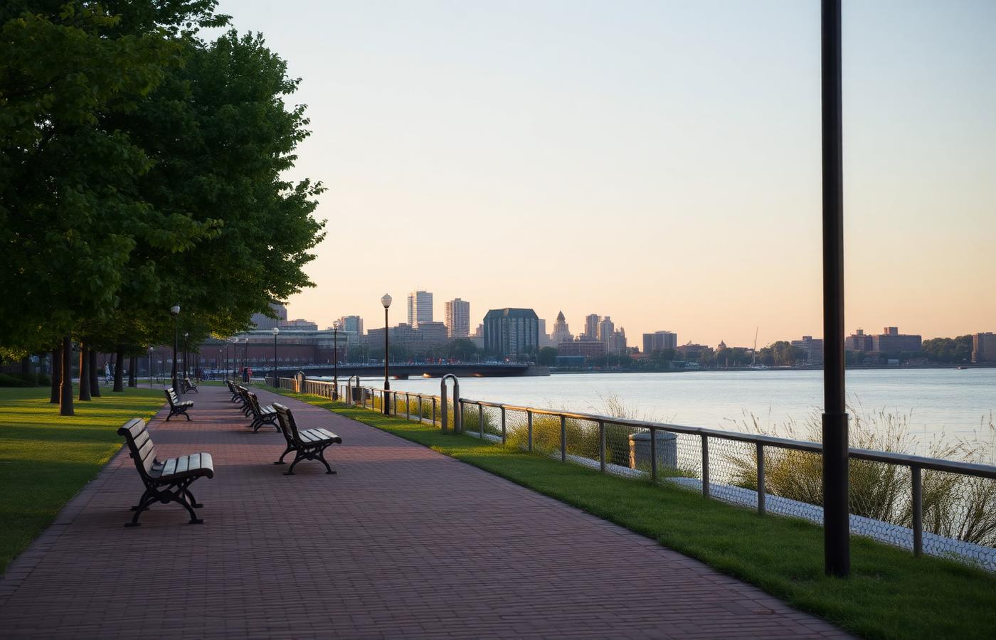 View of the Illinois River valley with downtown buildings rising near the water's edge