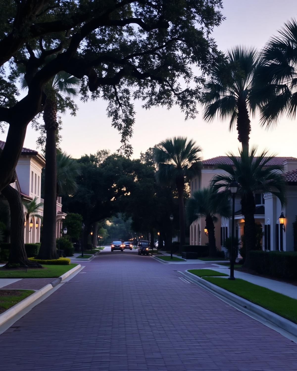 Brick residential street lined with Mediterranean revival homes, oaks and palms in the San Marco area of Jacksonville