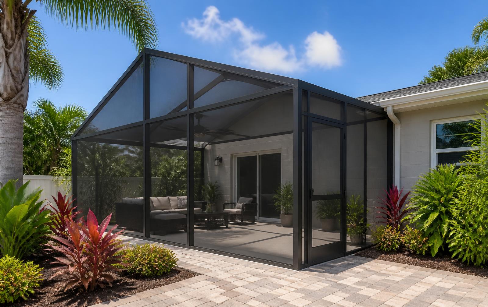 New aluminum-framed screen enclosure attached to a block home patio in St. Petersburg