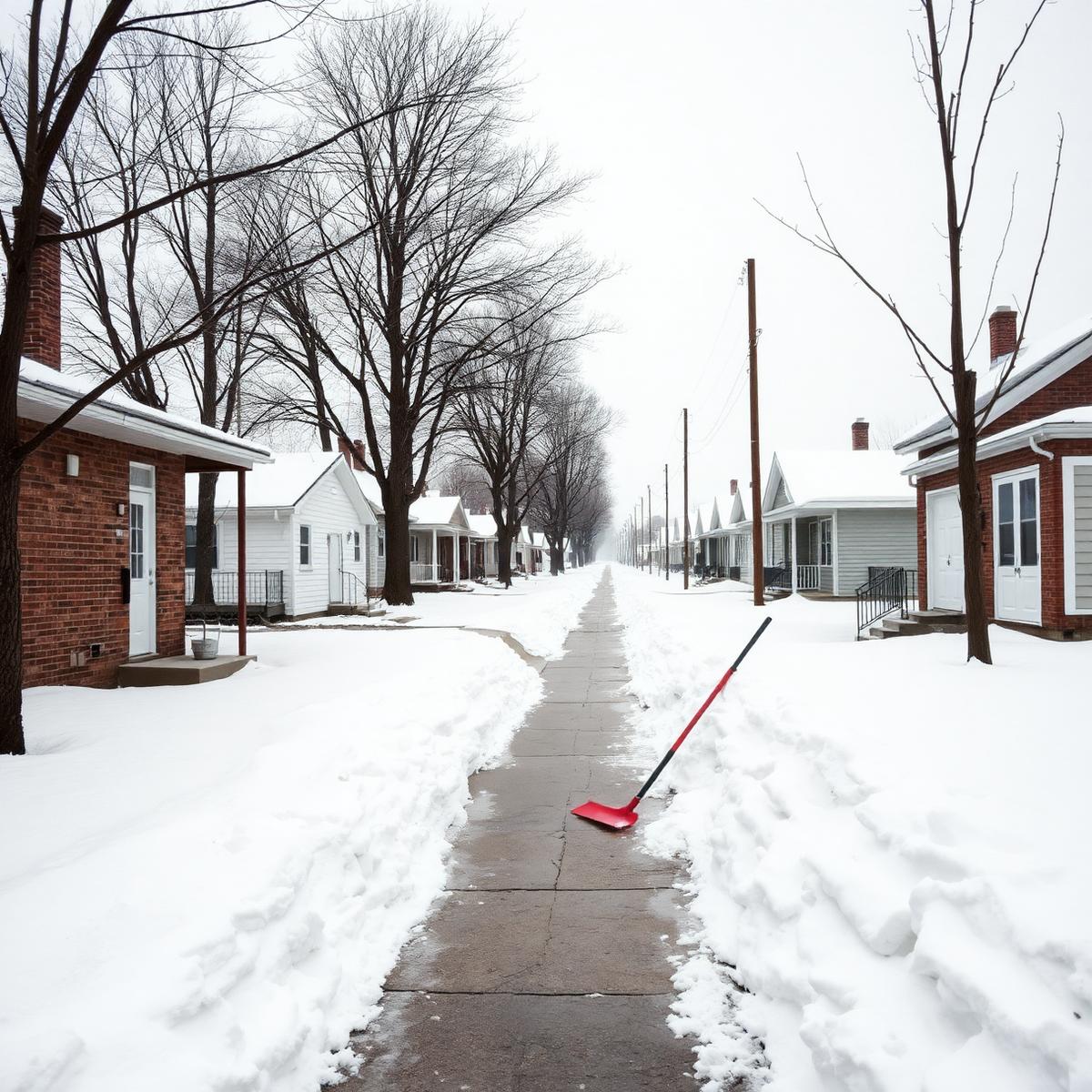 Snowy residential street lined with early twentieth century brick and clapboard houses in Ogden