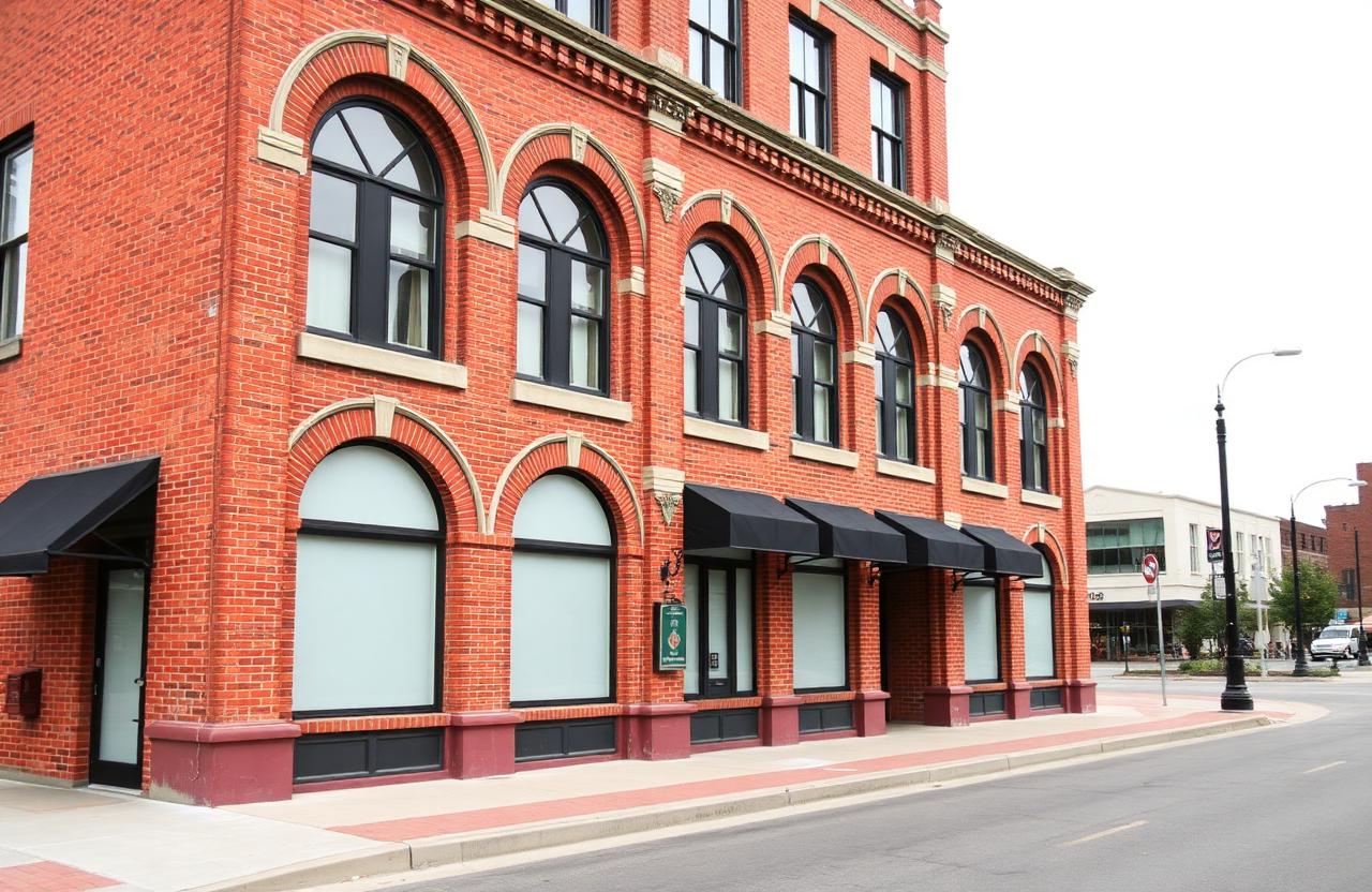 Restored red brick commercial building with tall arched windows and plain dark awnings on a quiet street
