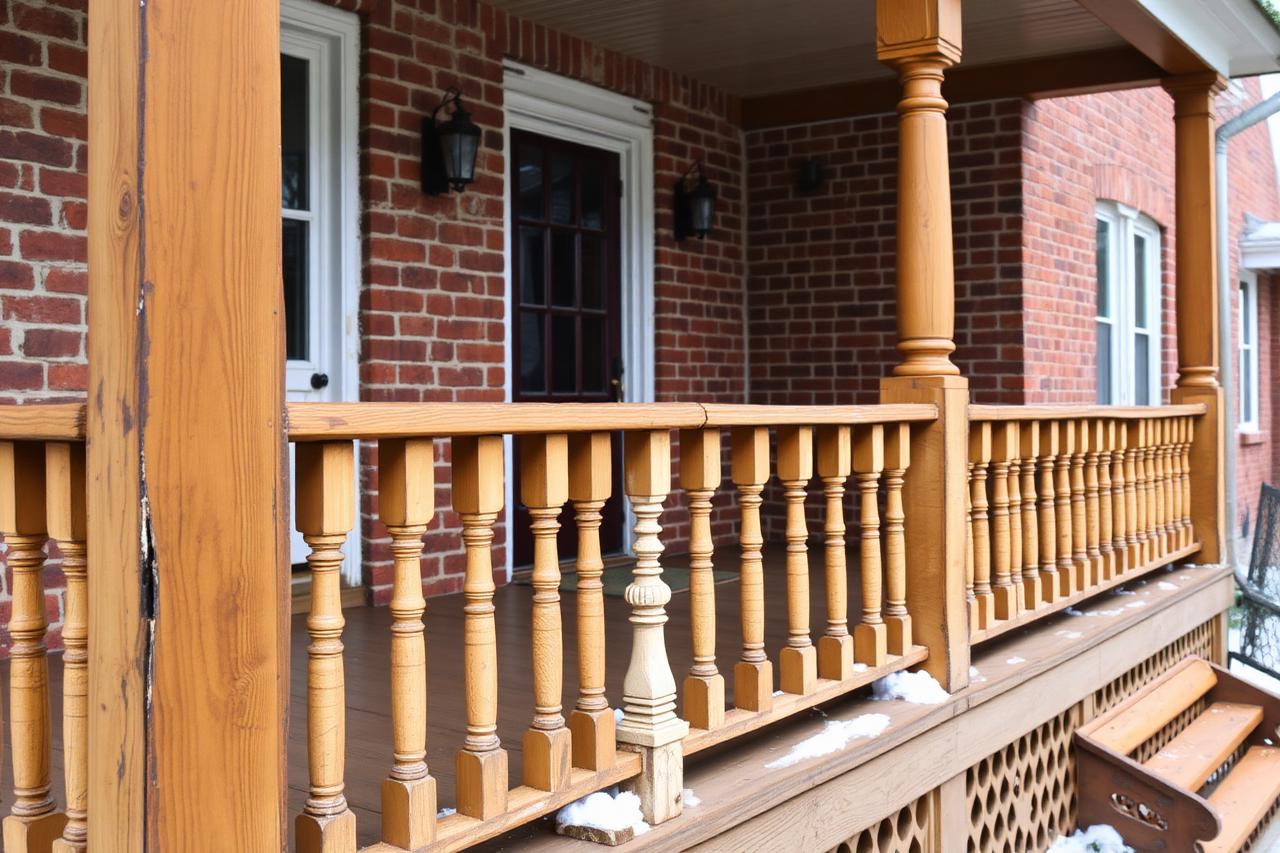 Wooden porch columns, turned railing spindles and painted decking on an old brick house with snow at the edges