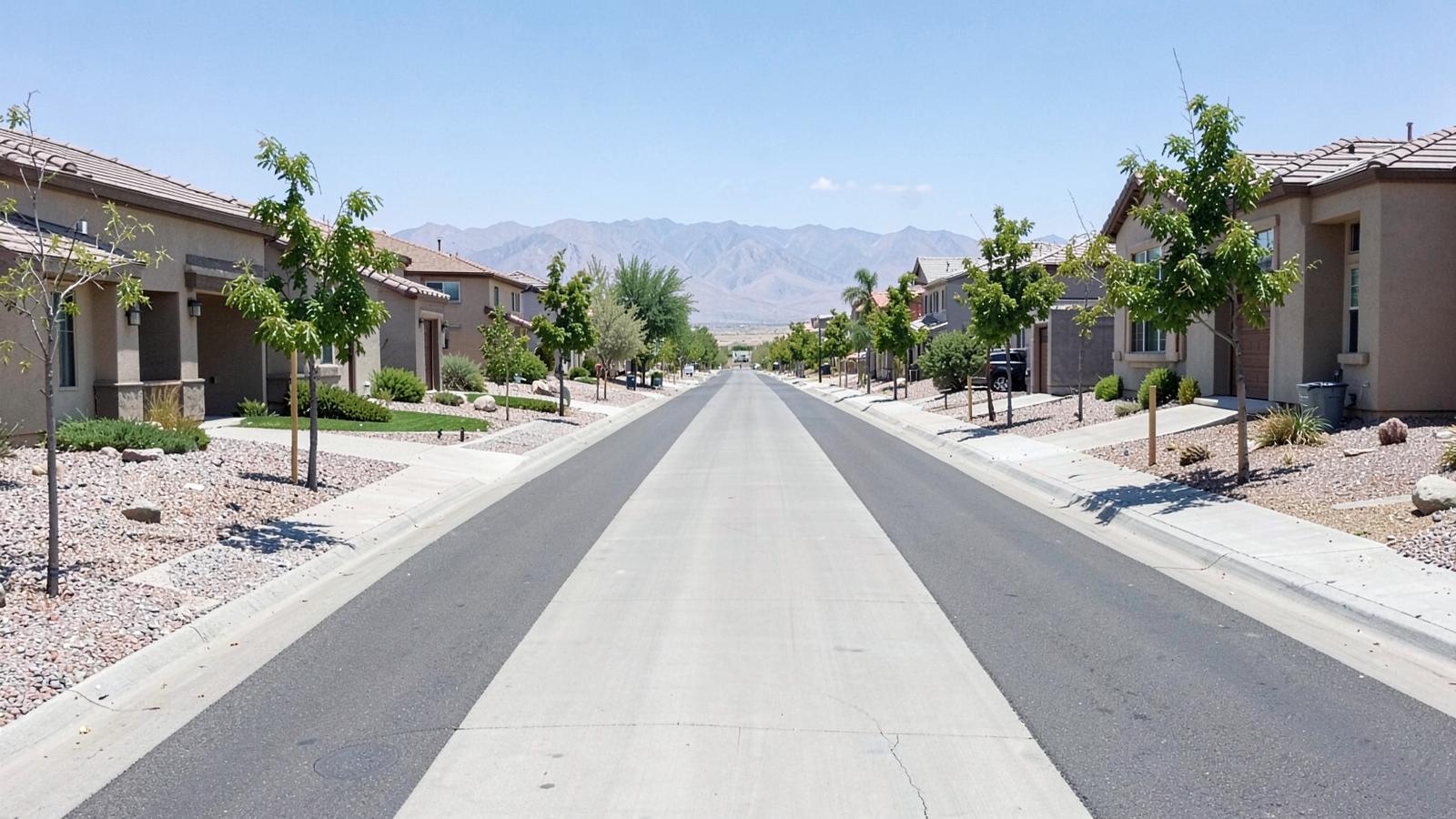 Long straight street of nearly identical new desert homes with gravel yards, young trees, and mountains ahead