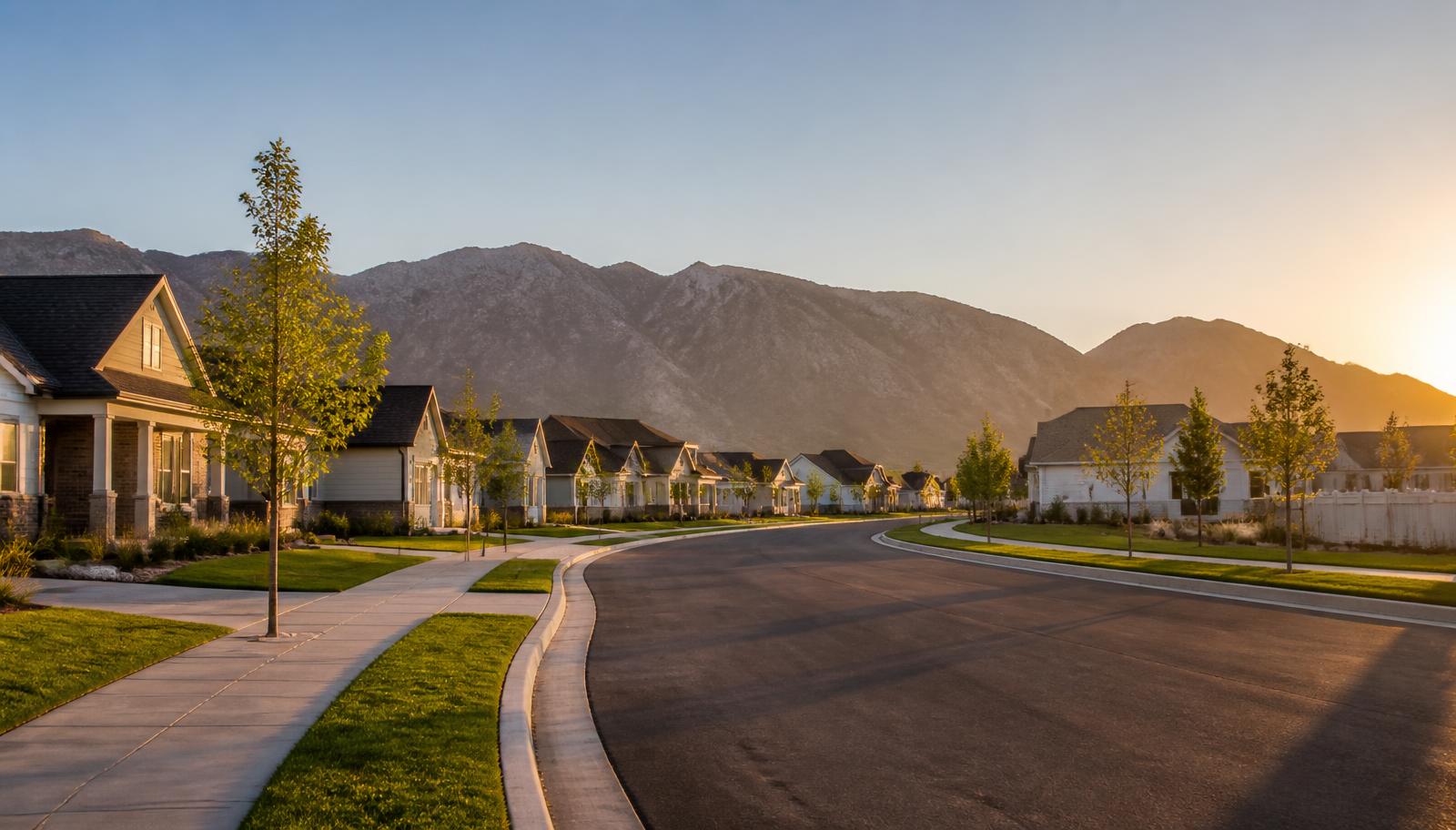 Curving street through a growing subdivision of newer homes at sunrise with a long mountain ridge behind