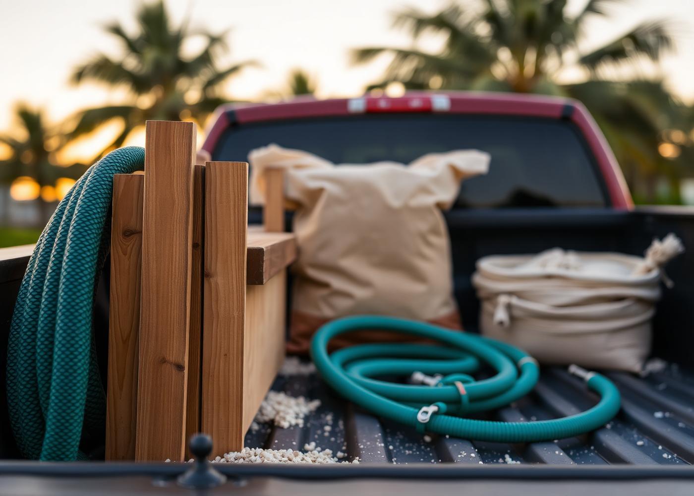 Cedar fence pickets, coiled hose and bagged sand loaded in a pickup truck bed at sunrise