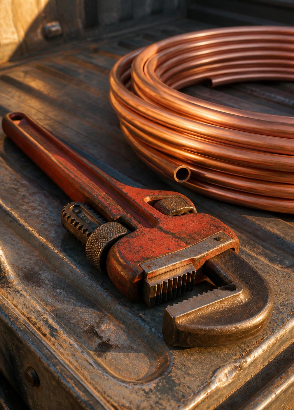 Pipe wrench and coil of copper tubing on a weathered truck bed in warm evening light