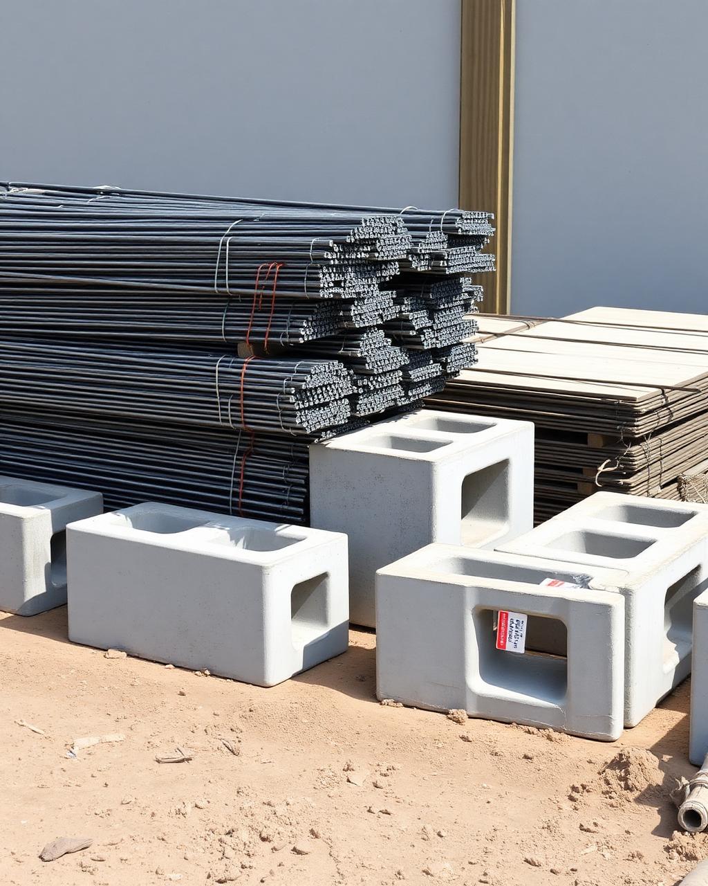Bundled rebar and concrete blocks stacked at a Miami construction site