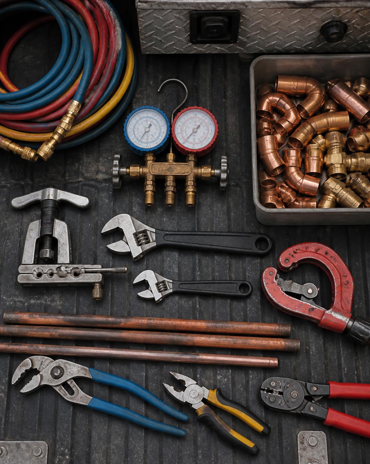 Wrenches, pressure gauges and copper fittings organized in a service truck bed on a St. Petersburg job site