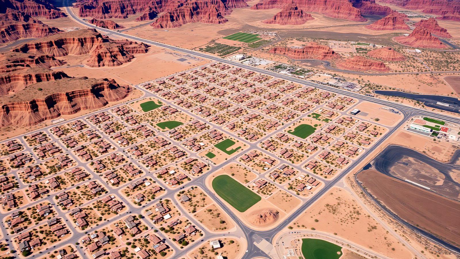 Aerial view of new stucco-and-tile-roof subdivisions filling in across Washington Fields and Little Valley