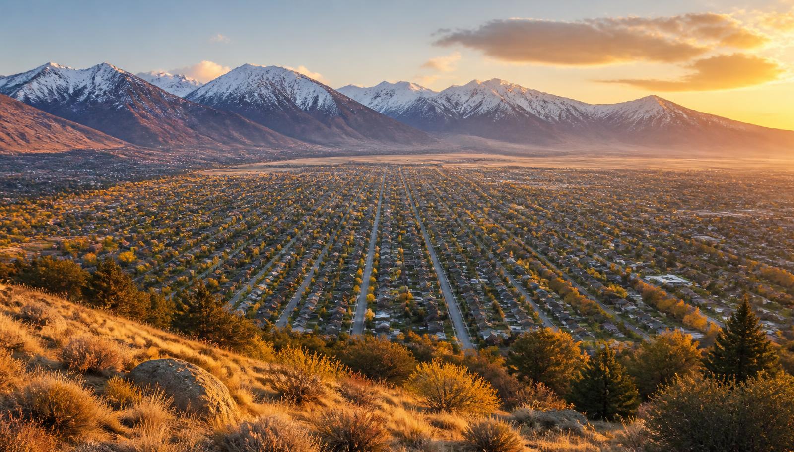 Aerial view of the Salt Lake Valley's numbered street grid stretching toward the Wasatch Range