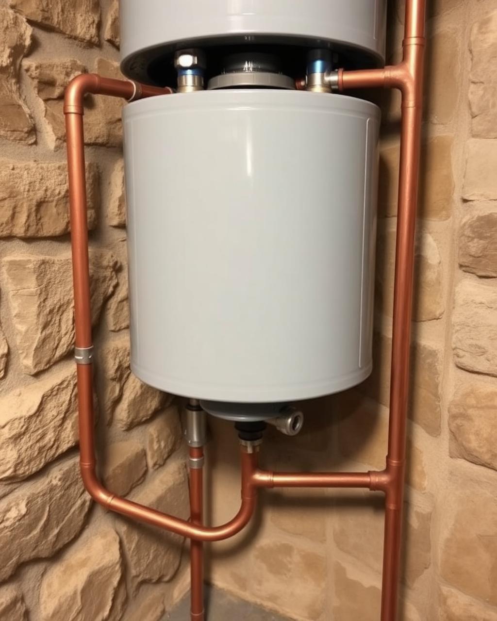 Water heater and plumbing lines in a stone-walled basement typical of a century-old Scranton home