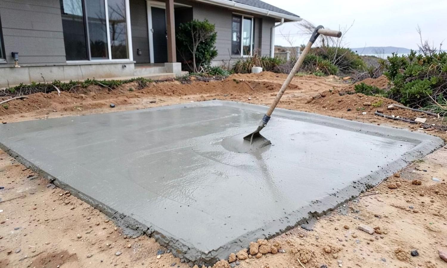 Gloved hands smoothing wet concrete with a hand float on a newly poured residential slab
