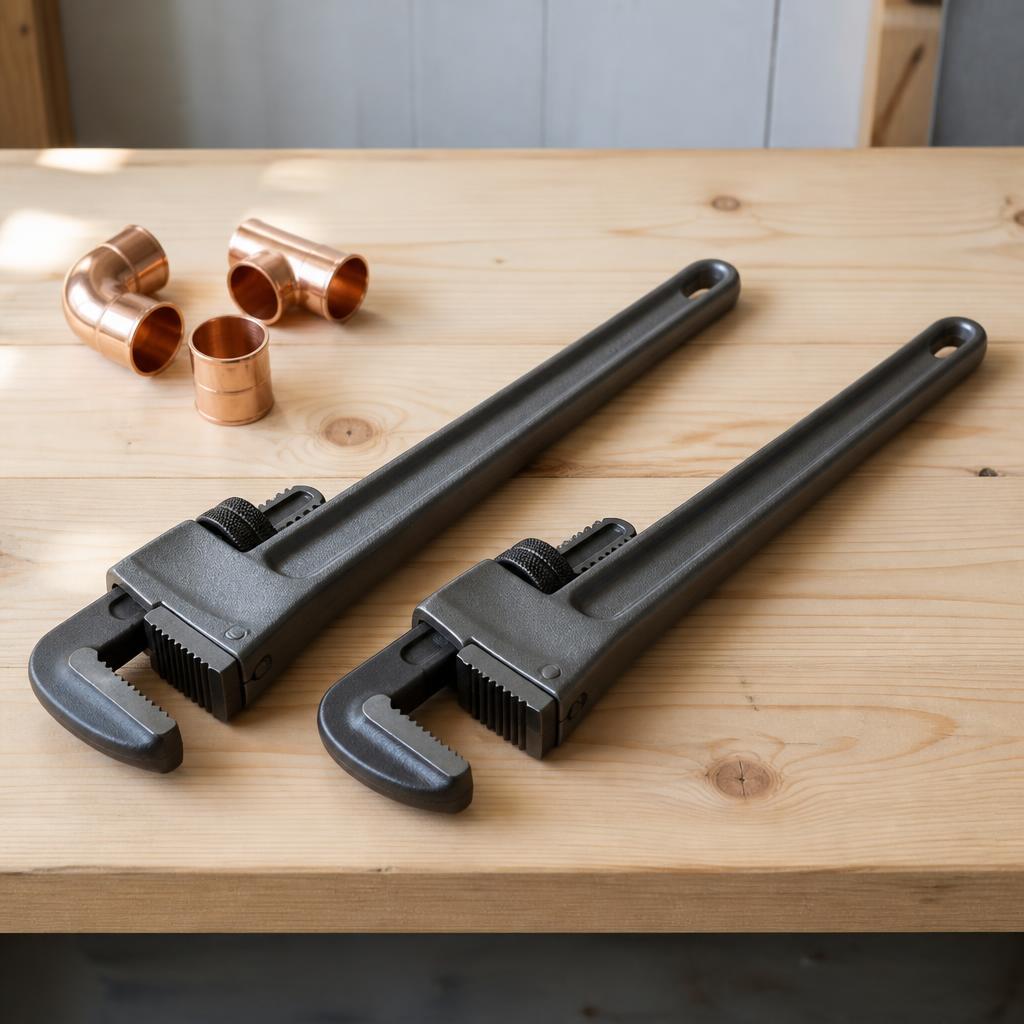 Plain unbranded pipe wrenches and copper fittings laid out on a bare pine workbench in daylight