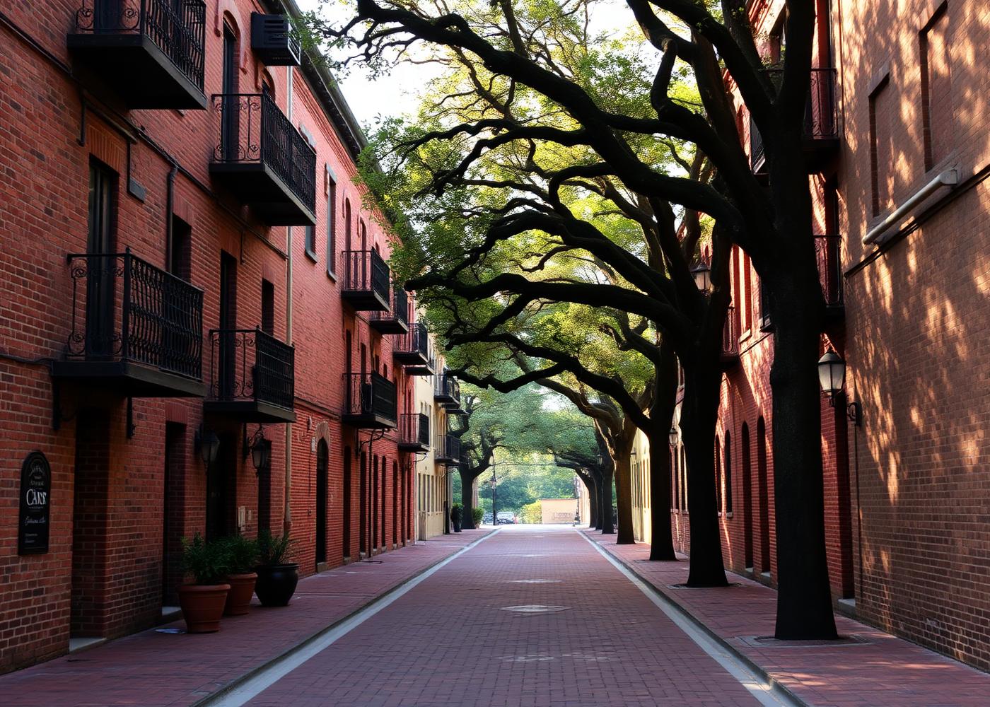 Historic brick street lined with low buildings and wrought iron balconies in Ybor City, Tampa