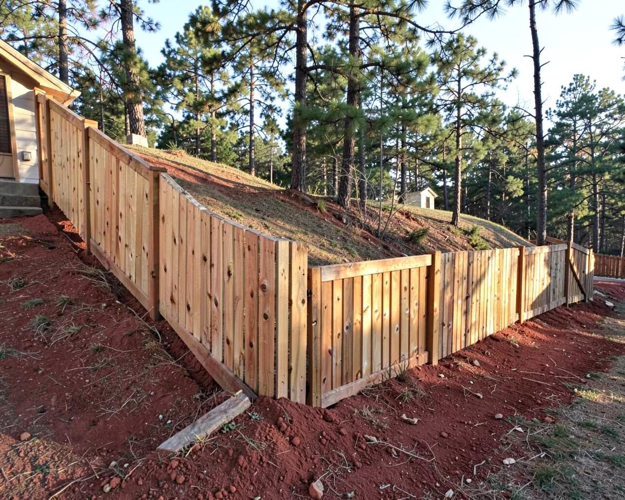 New wooden privacy fence stepping down a sloped back yard with exposed red clay soil and pines beyond