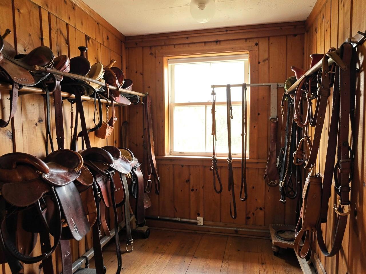 Tidy tack room with saddles on racks and bridles hanging on wooden walls in warm window light