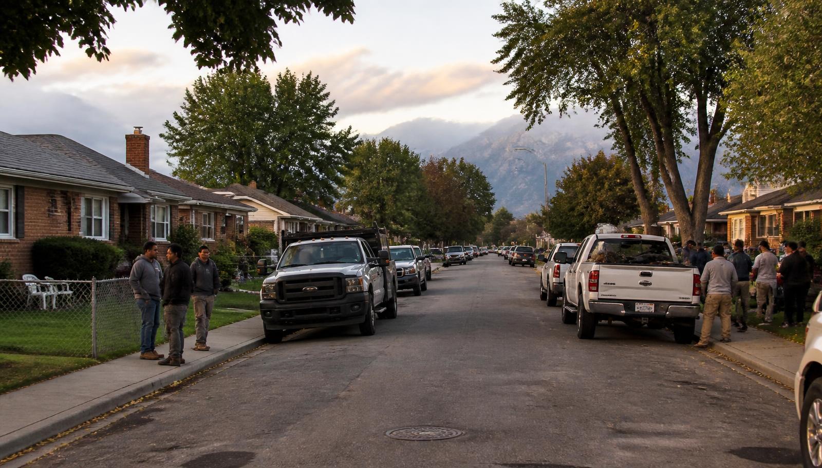 Wide residential street of closely spaced mid-century single-story homes with work trucks at the curb and mountains behind