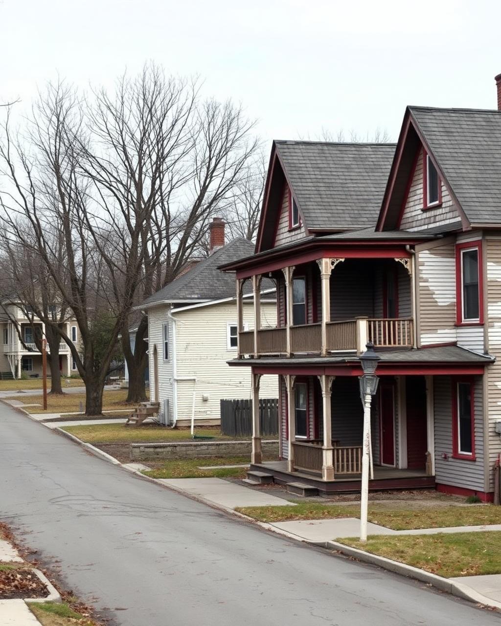 Street of older two-story wood frame houses with covered front porches on narrow lots under bare trees