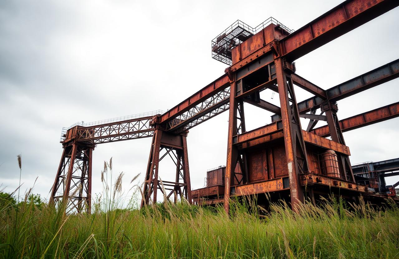 Rusted abandoned steel mill gantry structure standing in tall grass under a grey sky