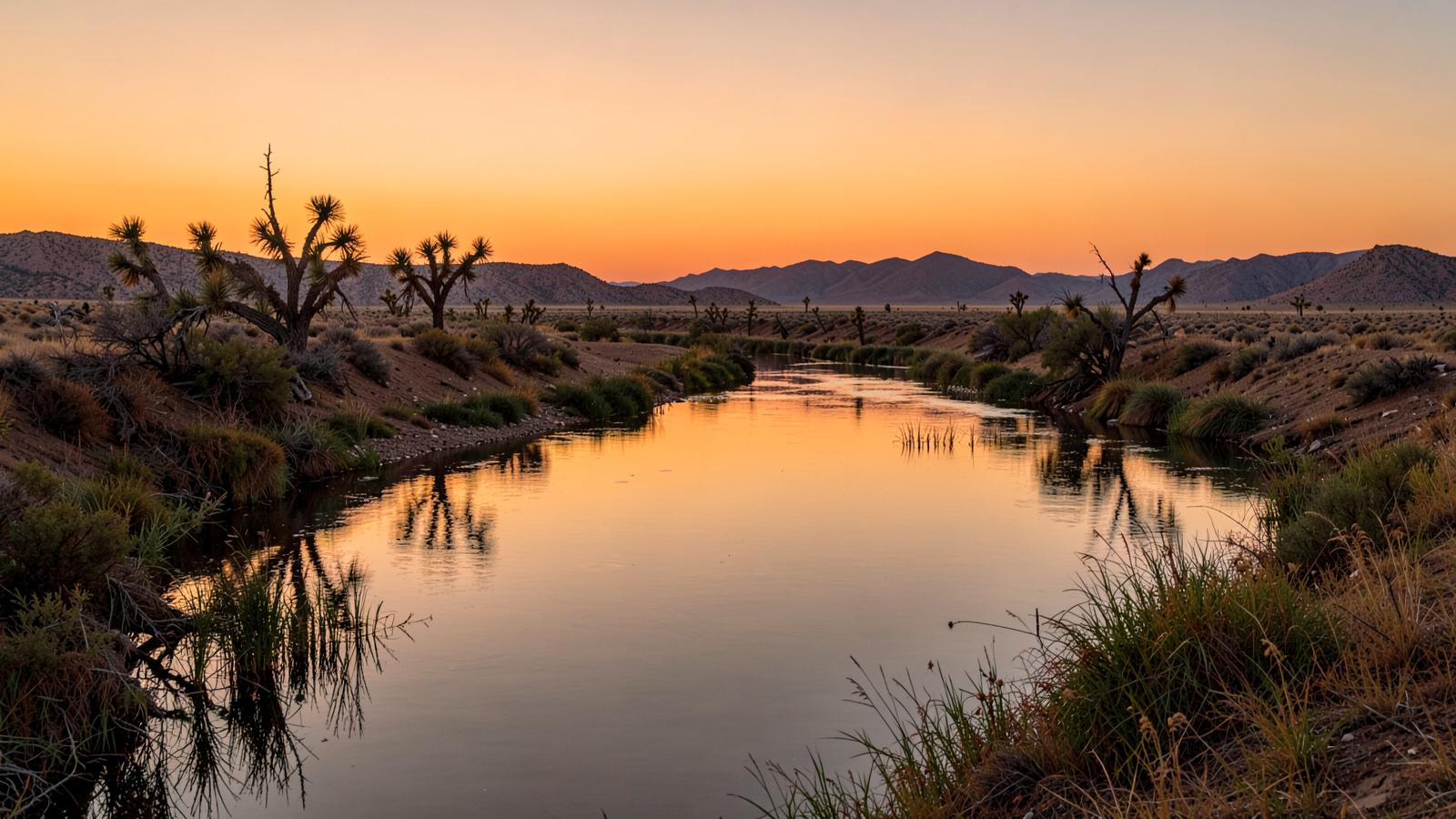 Wide desert river bend at dusk reflecting an orange sky with reeds along the banks and low arid ridges beyond